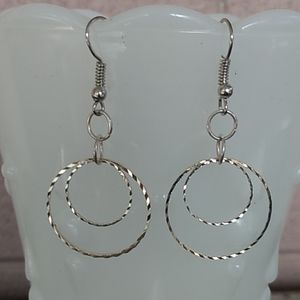 Diamond Cut Double Circle Silver Tone Earrings